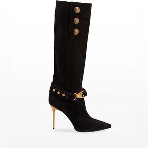 Balmain Robin Button-Trio Suede Tall Stiletto Boots